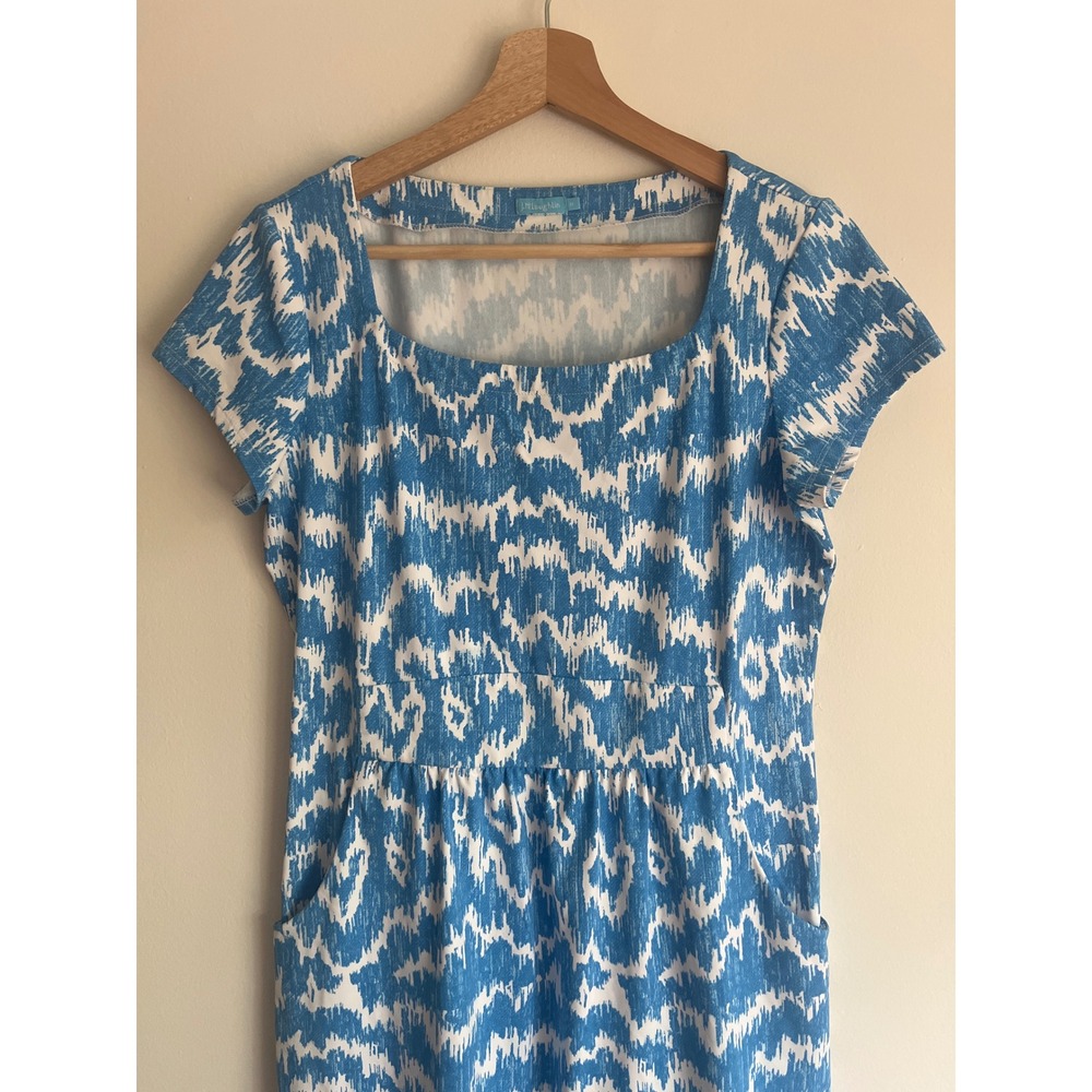 J. McLaughlin Catalina Cloth Sheath Dress Size Medium Blue Ikat Print S/s - Picture 2 of 6
